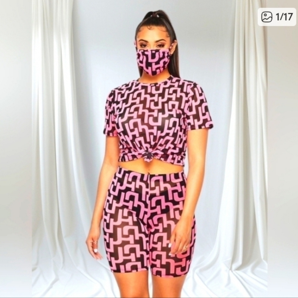 Mesh Biker Shorts Set Large Hot Pink and Black Two Piece - Picture 11 of 11